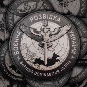 Шеврон Воєнна розвідка України (сова), коло, сіро-чорно-білий (фон,нитки),на липучці