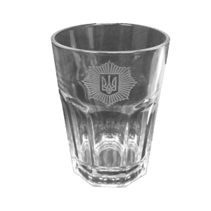 A glass with the logo of the Ukrainian Interior Ministry